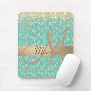 Monogram Gold Floral on Green Teal Mouse Pad