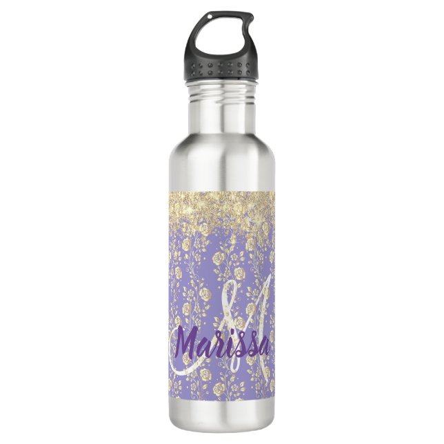 Monogram Gold Floral on Lavender          710 Ml Water Bottle (Front)