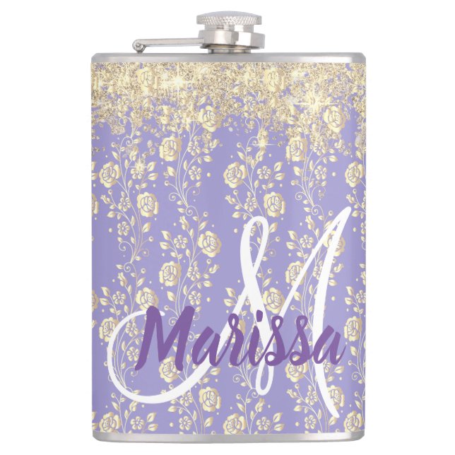 Monogram Gold Floral on Lavender           Hip Flask (Front)