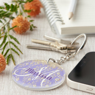Monogram Gold Floral on Lavender Keychain