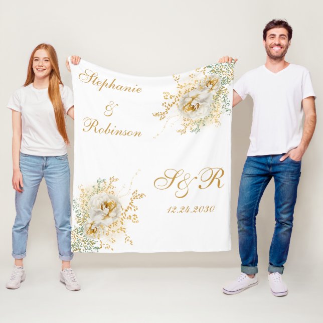 Monogram Gold Floral Wedding Gift  Fleece Blanket (In Situ)
