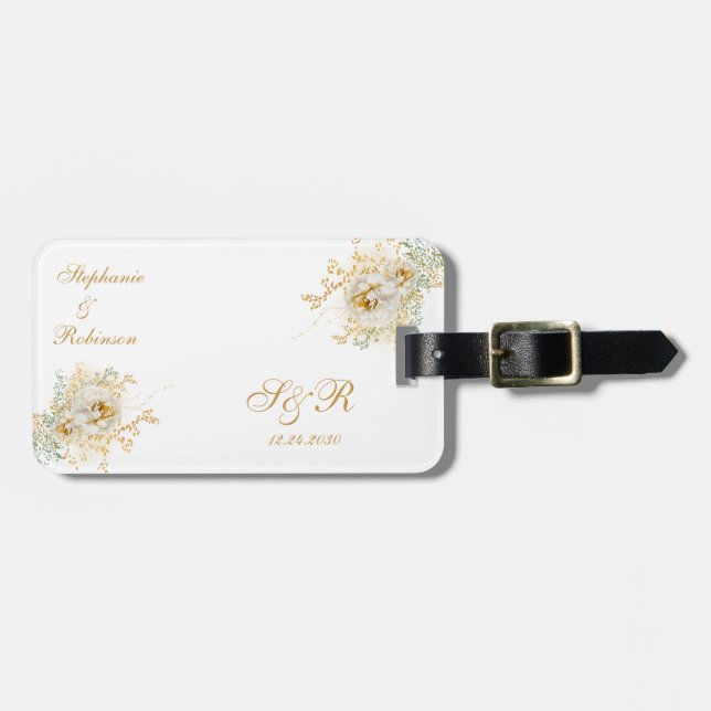  Monogram Gold Floral Wedding Gift  Luggage Tag (Front Horizontal)