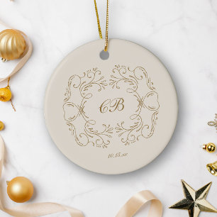 Monogram Gold Flourish Wreath Wedding Date Elegant Ceramic Ornament