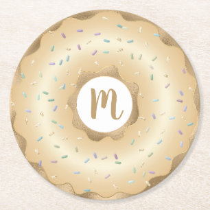 Monogram gold foil doughnut script bold luxury round paper coaster