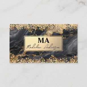 Monogram   Gold Foil Leaves   Black Marble Business Card