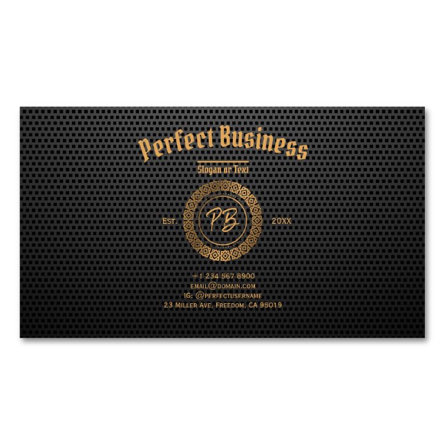 Monogram Gold Frame Black Professional Luxury Chic Magnetic Business Card (Front)