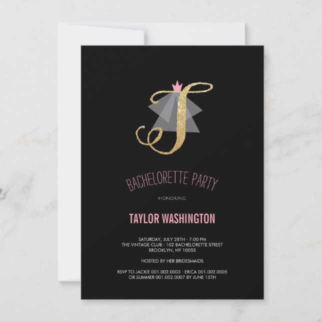 Monogram Gold Glitter Bachelorette Party Invite (Front)