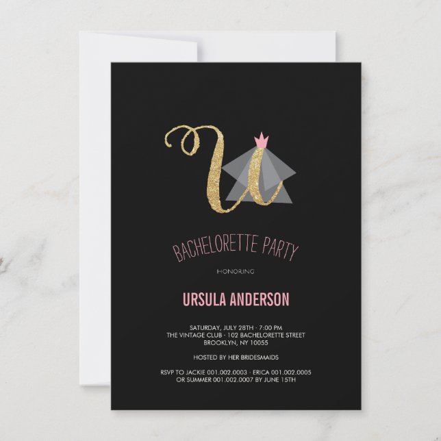 Monogram Gold Glitter Bachelorette Party Invite (Front)