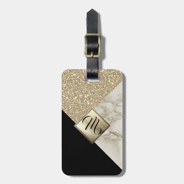 Monogram Gold Glitter, Black and Marble Luggage Tag (Front Vertical)