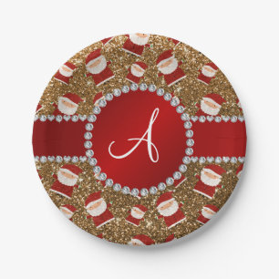 Monogram gold glitter christmas santa claus paper plate