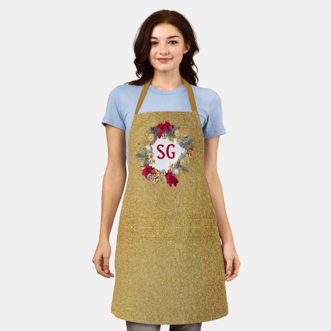 Monogram Gold Glitter Christmas Wreath  Apron (Worn)