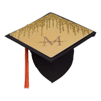 Monogram Gold Glitter Drips Brushed Metallic Graduation Cap Topper
