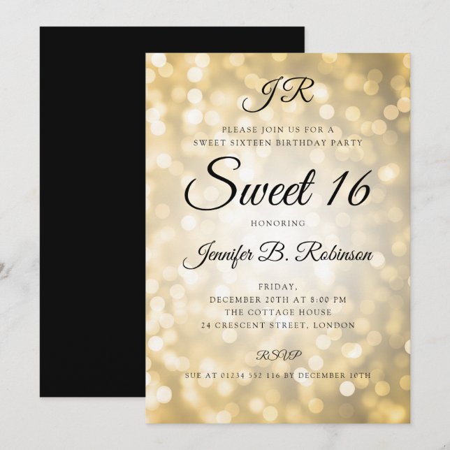 Monogram Gold Glitter Lights Sweet 16 Birthday Invitation (Front/Back)