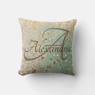 Monogram Gold Glitter on Green Burlap Throw Pillow