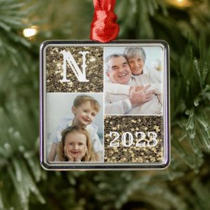 Monogram Gold Glitter Photo Christmas Holiday Metal Ornament