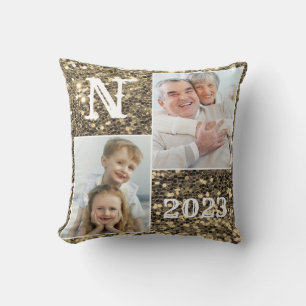 Monogram Gold Glitter Photo Christmas Holiday Throw Pillow