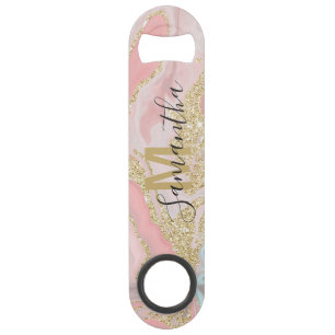 Monogram gold glitter pink marble pattern bar key