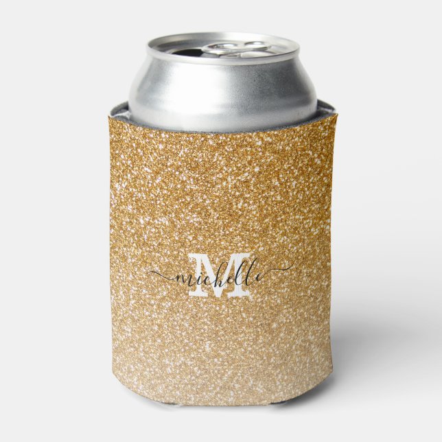 Monogram Gold Glitter Sparkle Chic Modern Script  Can Cooler (Can Front)
