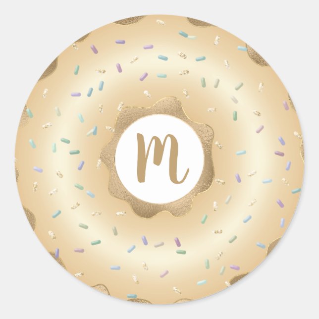 Monogram gold glitter sparkle doughnut sprinkles classic round sticker (Front)