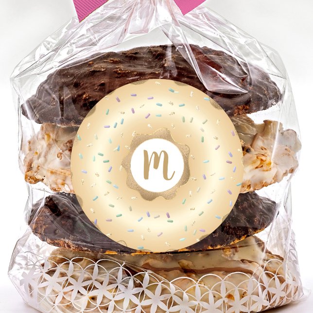 Monogram gold glitter sparkle doughnut sprinkles classic round sticker (Creator Uploaded)