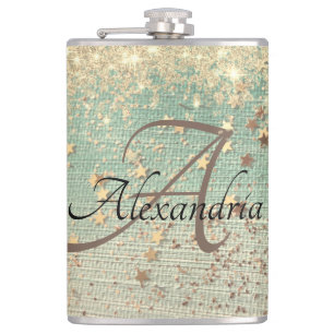 Monogram Gold Glitter Stars on Green Burlap Hip Flask