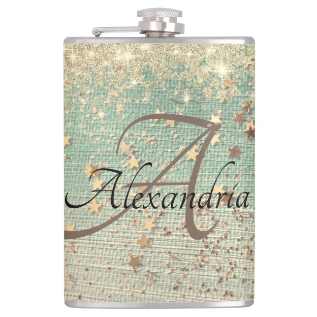 Monogram Gold Glitter Stars on Green  Burlap Hip Flask (Front)