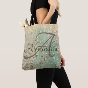 Monogram Gold Glitter Stars on Green Burlap  Tote Bag