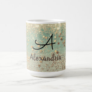 Monogram Gold Glitter Stars on Sea Green Magic Mug