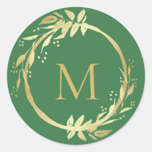 Monogram Gold Green Christmas Wreath Envelope Seal