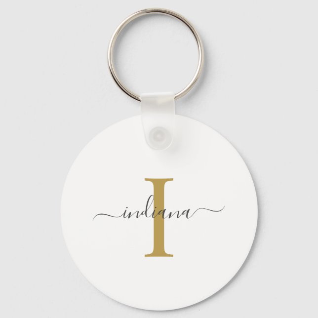 Monogram Gold Grey Script Name Modern Keychain (Front)