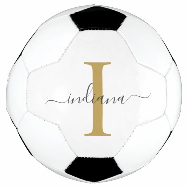 Monogram Gold Grey Script Name Modern Soccer Ball (Front)