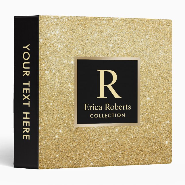 Monogram Gold Initial Modern Gold Glitter Elegant Binder (Front/Spine)