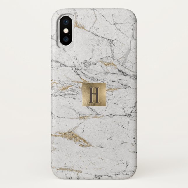 Monogram Gold Label Trendy White Gold Marble Case-Mate iPhone Case (Back)