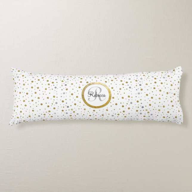 Monogram Gold Leaf Print Silver Confetti Body Pillow (Front)