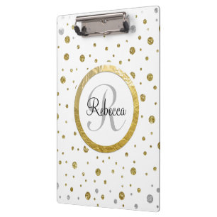 Monogram Gold Leaf Print Silver Confetti Clipboard