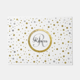 Monogram Gold Leaf Print Silver Confetti Doormat