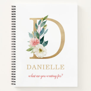 Monogram Gold Letter D   Floral Motto or quote Notebook
