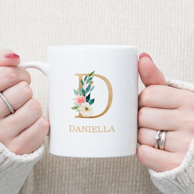 Monogram Gold Letter D | Floral Pink White Green Coffee Mug (Creator Uploaded)