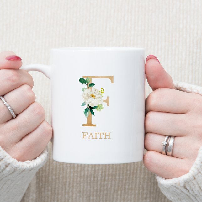 Monogram Gold Letter F | Floral Pink White Green Coffee Mug (Creator Uploaded)