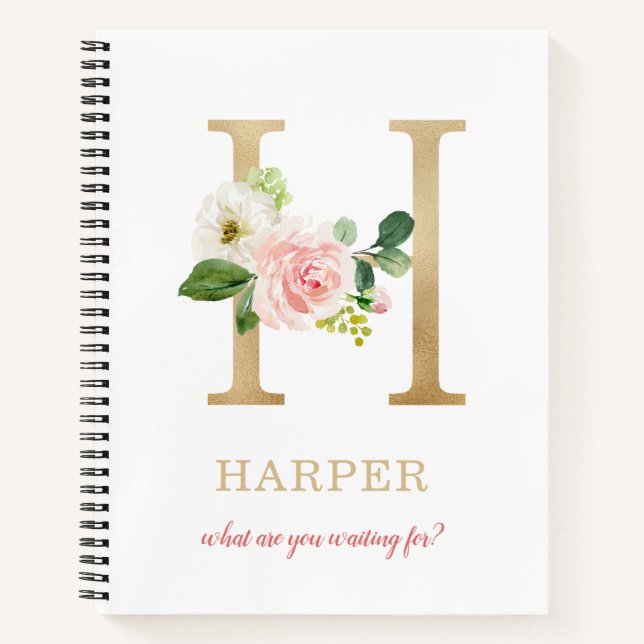 Monogram Gold Letter H | Floral Motto or quote Notebook (Front)