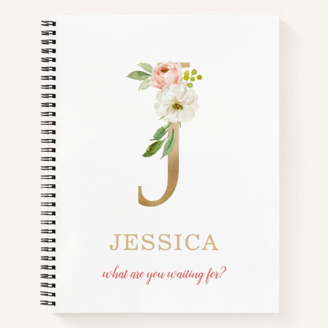 Monogram Gold Letter J | Floral Motto or quote Notebook (Front)