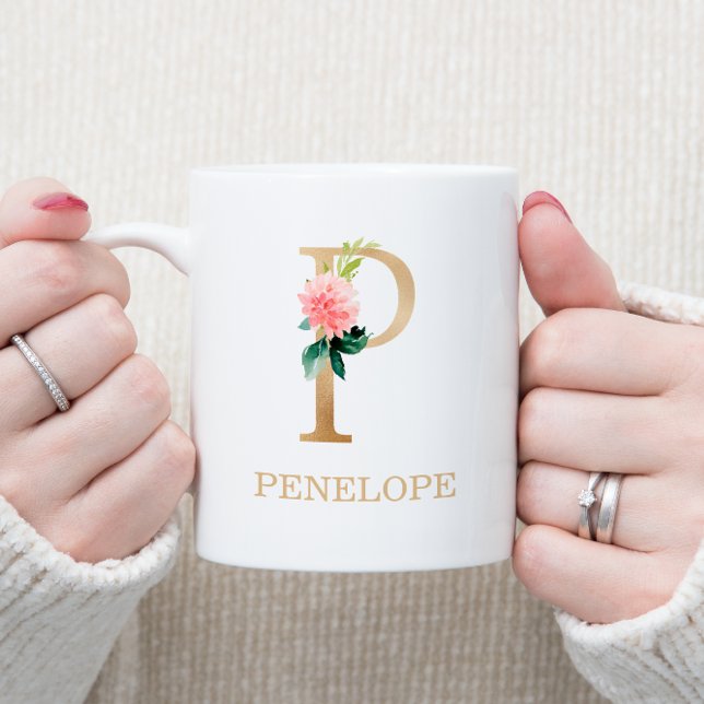 Monogram Gold Letter P | Floral Pink White Green Coffee Mug (Creator Uploaded)