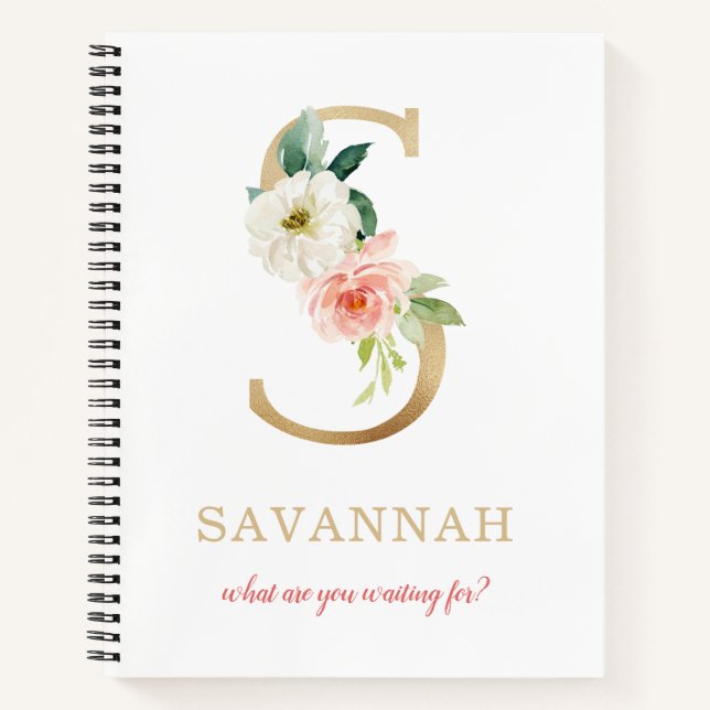 Monogram Gold Letter S | Floral Motto or quote Notebook (Front)