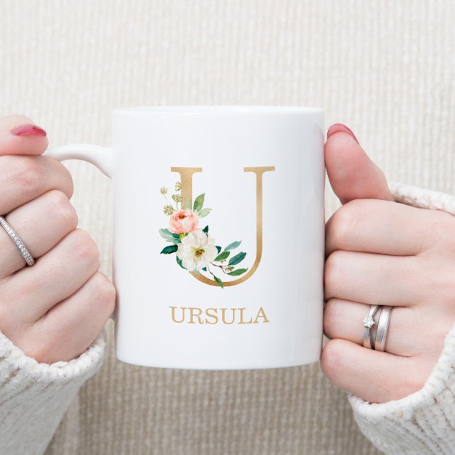 Monogram Gold Letter U | Floral Pink White Green Coffee Mug (Creator Uploaded)