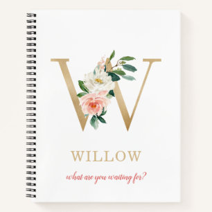 Monogram Gold Letter W   Floral Motto or quote Notebook