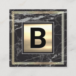 Monogram   Gold Metal   Gold Frame Black Marble Square Business Card