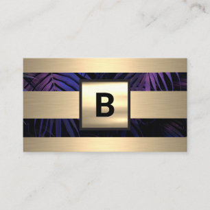 Monogram   Gold Metal Stripes   Purple Palm Leaves Business Card