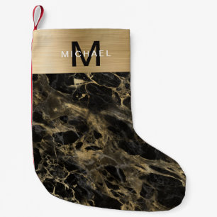 Monogram Gold Metallic Black Marble Small Christmas Stocking