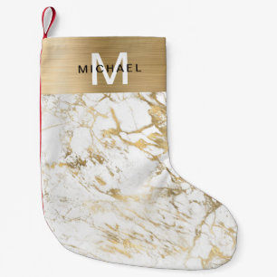 Monogram Gold Metallic White Marble Small Christmas Stocking