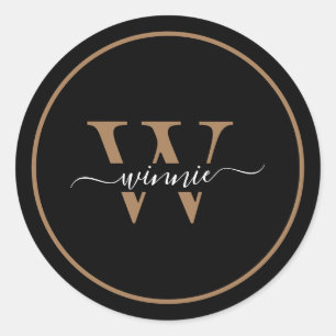 Monogram Gold Minimal Elegant Black Script Name  Classic Round Sticker